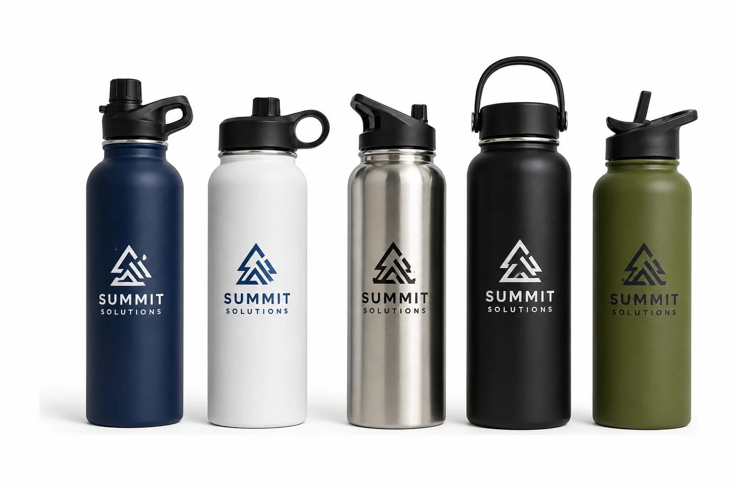 Mockup of branded insulated water bottles in five colourways.