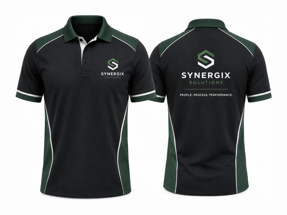 Mockup of branded corporate polo shirts shown front and back.