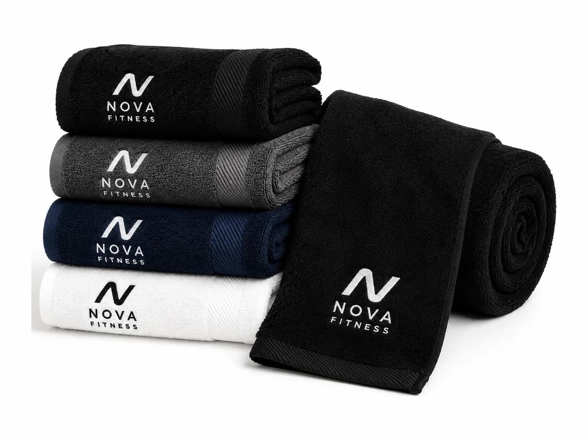 Mockup of branded gym towels stacked in several colourways.