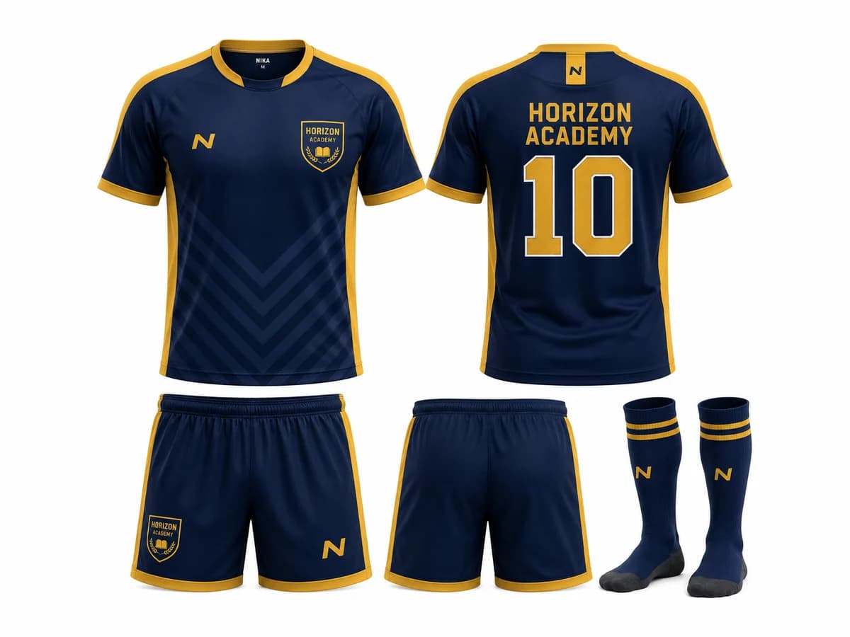 Mockup of a school football kit — numbered shirt, shorts and socks in school colours.