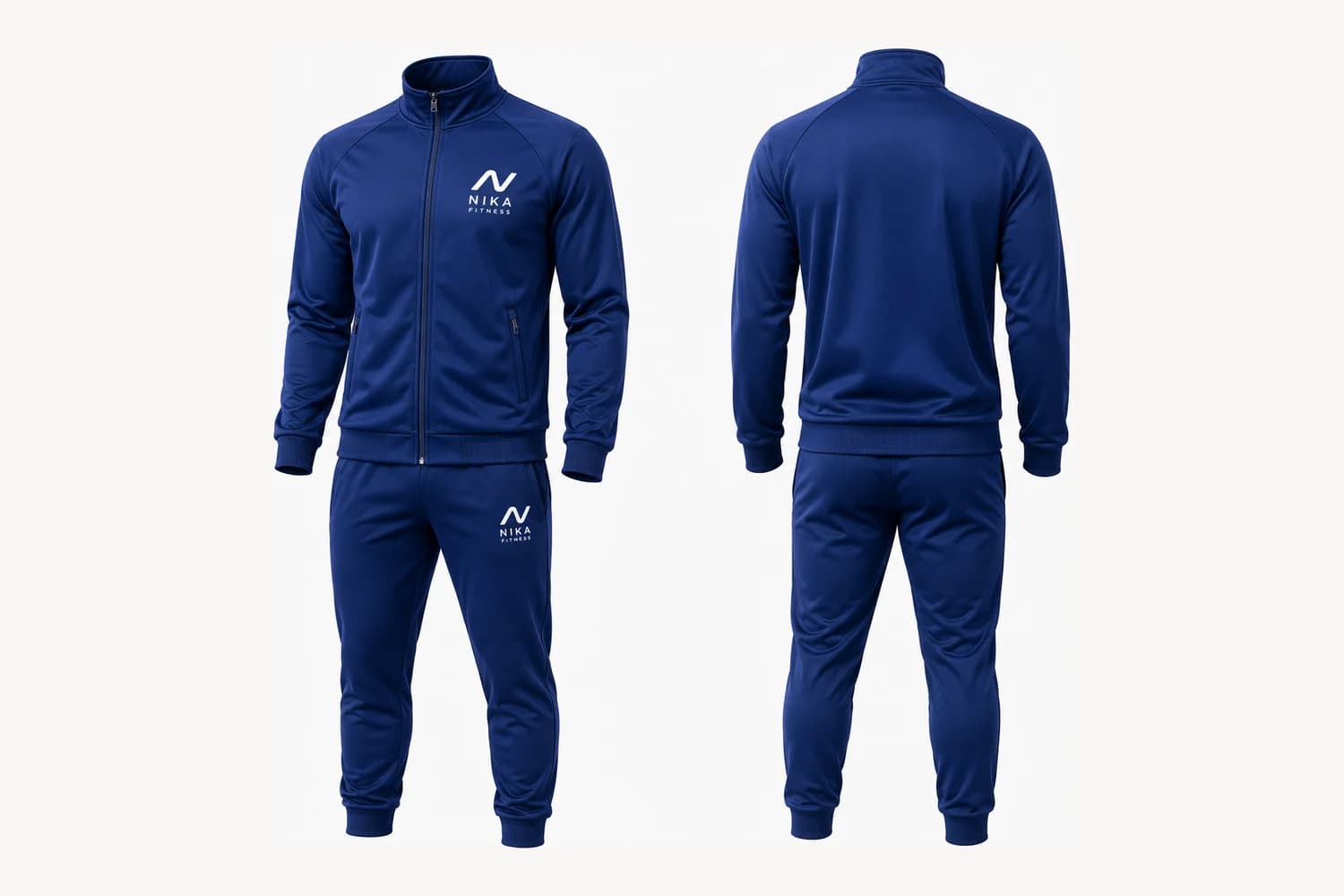 Mockup of a Nika Fitness branded tracksuit shown front and back.
